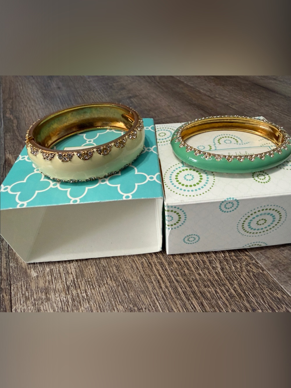 Stella & Dot Enamel Crystal Bangle Bracelet Set – Mint & Ivory - Picture 2 of 10